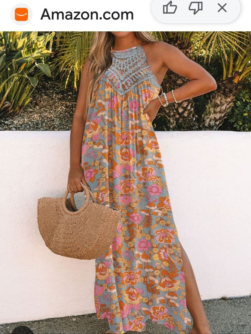 Boho Crochet Halter Floral Maxi Dress in Taupe, Pink & Orange by Faroro Size M
